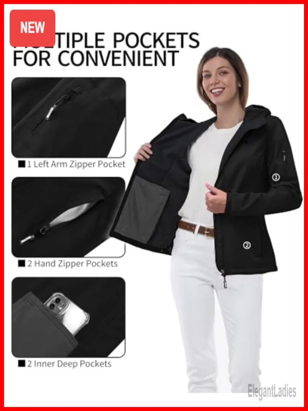 Women's Waterproof Softshell Jacket with Fleece Lining, Hood, 5 Pockets